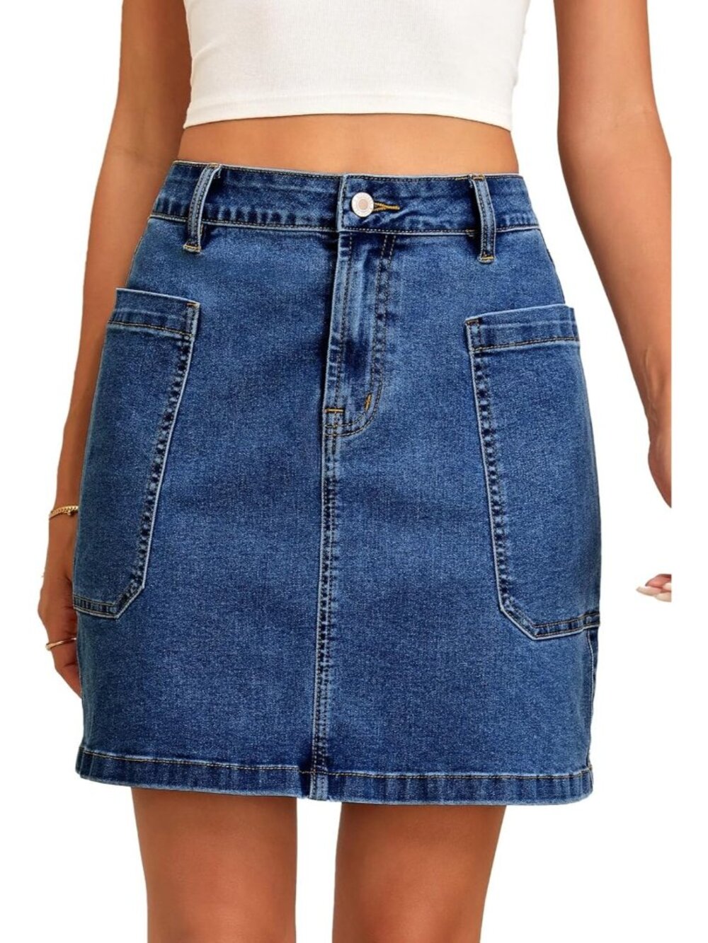 Women's Blue Cargo Pocket Straight Casual Knee Length High Waisted Denim Skirt